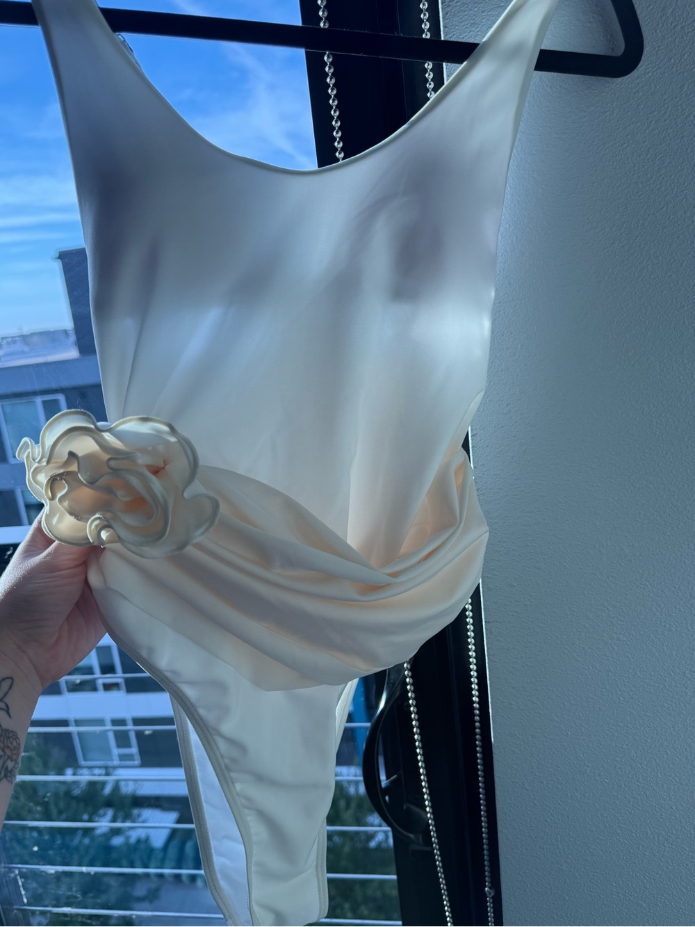 Cream Satin One-Piece Swimsuit with Decorative flower